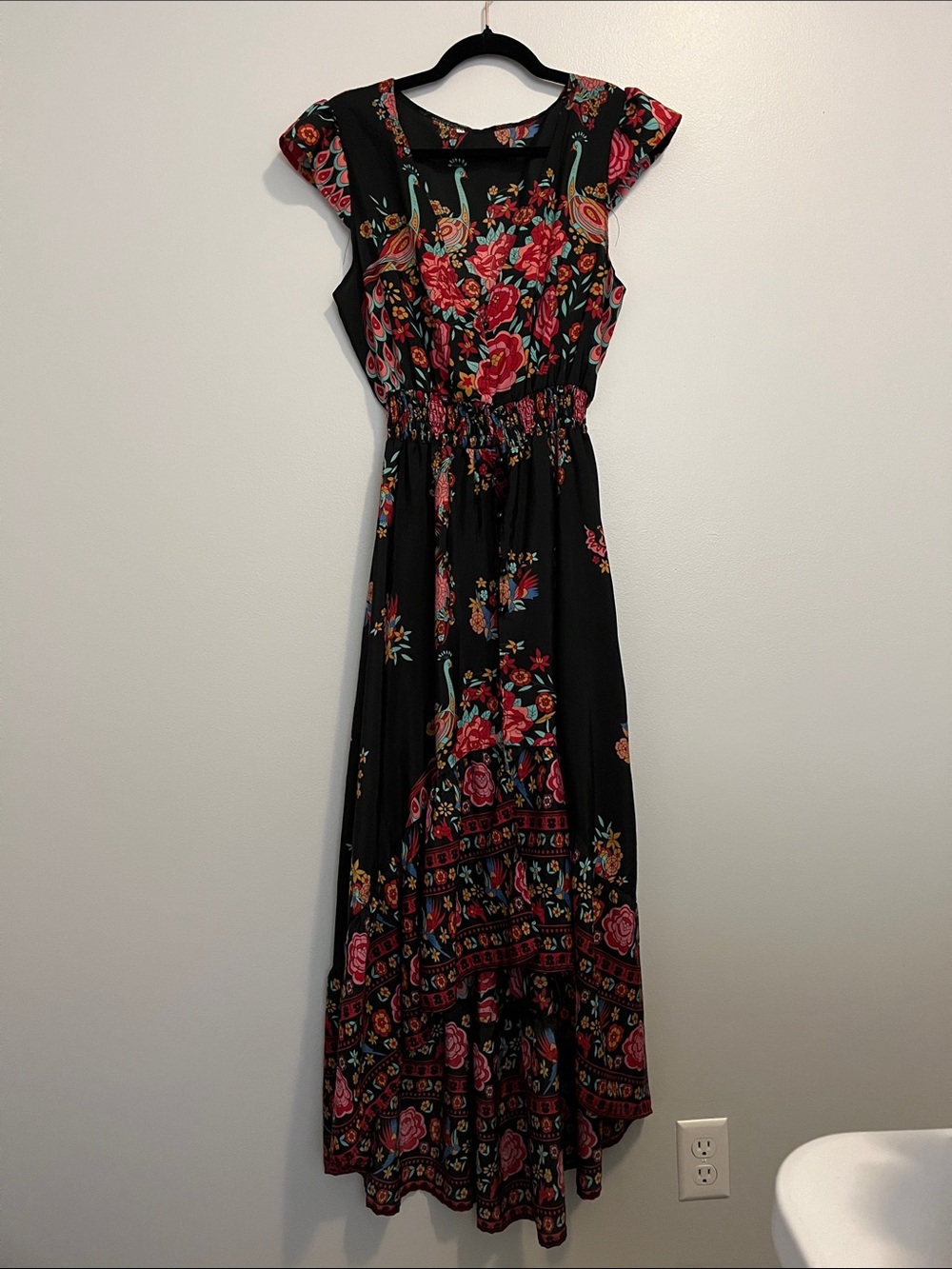 Black Floral Maxi Dress with Pink & Red Blooms